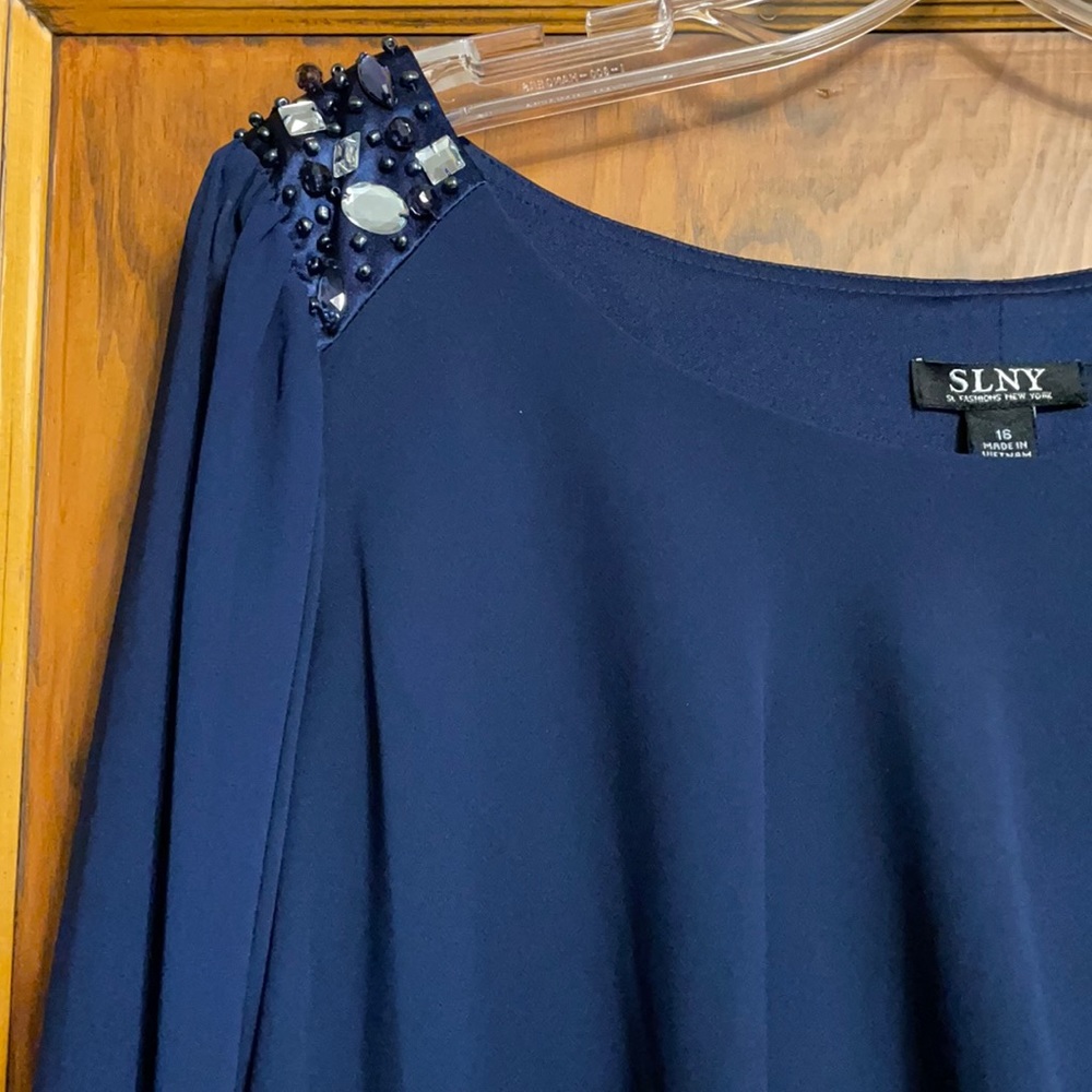 SLNY Dress with Jeweled Shoulders and Cuffs